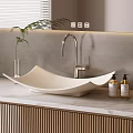 White Curved Bathroom Sink With Modern Silver Faucet On Marble Countertop And Soap Dispensers