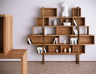 Modern Bookshelf Solid Wood Bookshelf Ornaments Combination 3d model