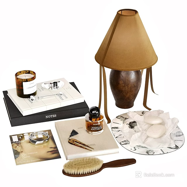 Elegant Decorative Ornament Set With Brown Lamp Candle Books And Plate 3d model 