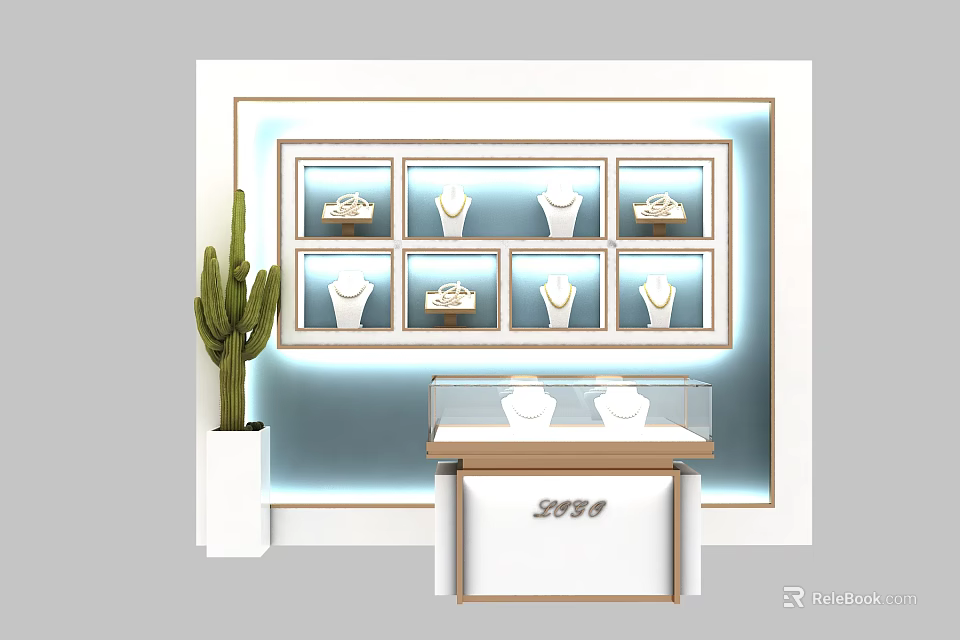 Elegant Jewelry Store Interior With Illuminated Display Cases Glass Counter And Cactus Plant 3d model 