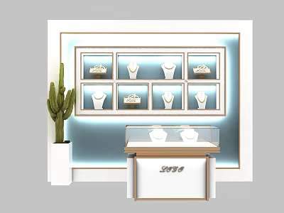 Elegant Jewelry Store Interior With Illuminated Display Cases Glass Counter And Cactus Plant 3d model