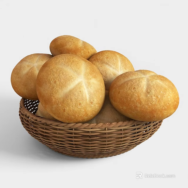 Freshly Baked Golden Crusty Round Bread Loaves in Wicker Basket 3d model 