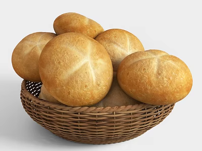 Freshly Baked Golden Crusty Round Bread Loaves in Wicker Basket 3d model
