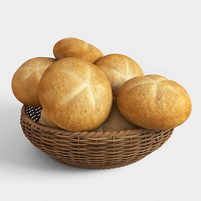 Freshly Baked Golden Crusty Round Bread Loaves in Wicker Basket 3d model