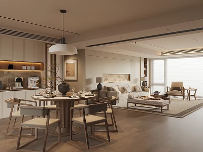 Modern Dining and Living Room Interior With Round Table Chairs Sofa And Pendant Light 3d model