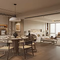 Modern Dining and Living Room Interior With Round Table Chairs Sofa And Pendant Light