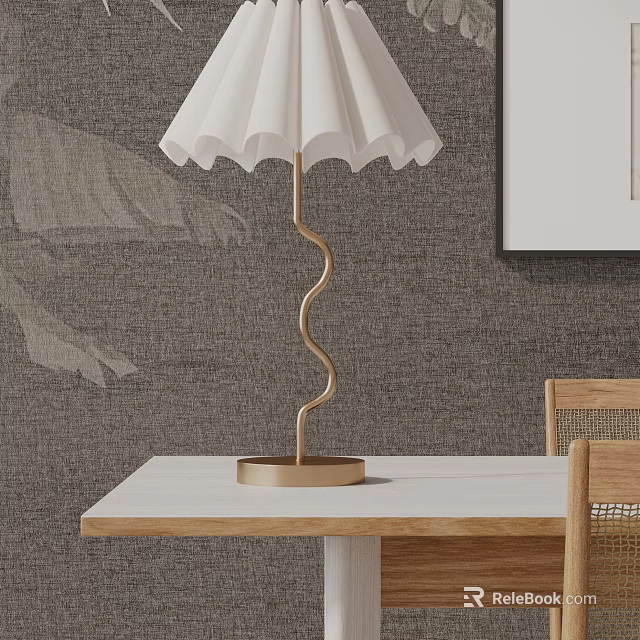 Modern Table Lamp with Gold Spiral Stand and White Pleated Lampshade on White Table 3d model 