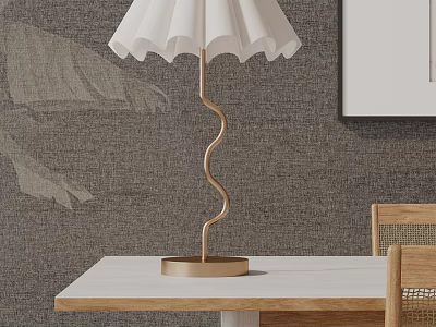 Modern Table Lamp with Gold Spiral Stand and White Pleated Lampshade on White Table 3d model