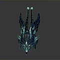 Futuristic Mechanical Weapon Sculpture With Dark Color Wing Like Structures And Detailed Yellow Accents