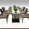 Rectangular Dining Table Set With Eight Dark Frame Chairs Light Cushion Linen Runner Green Plants 3d model