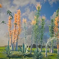 Orange and Green Shrubs with Tall Stems Vibrant Leaves Under Blue Sky and Green Grass