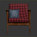 Red And Black Plaid Single Seater Sofa With Wooden Armrests Legs And Blue Cushion