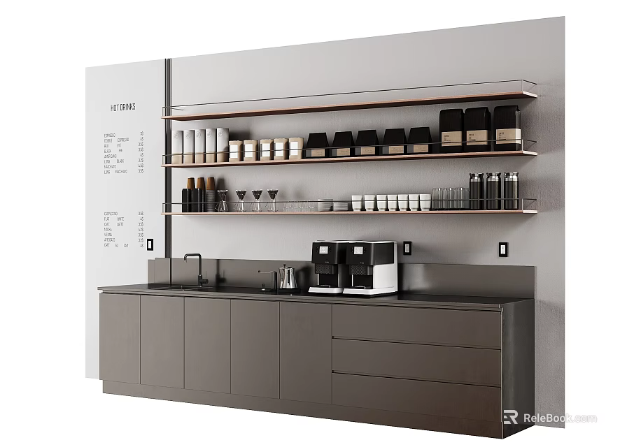 Modern Café Interior With Bar Counter Shelves Coffee Machines And Cabinets 3d model 