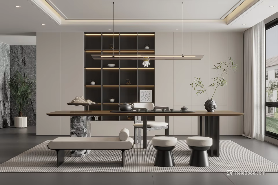 Modern Tea Room Interior With Long Table Tea Sets Decorative Shelves And Green Plants 3d model 