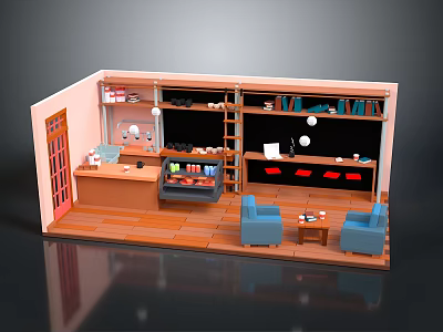 Cartoon Room Scene With Bookshelves Blue Sofas Wooden Table And Cabinets 3d model