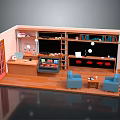 Cartoon Room Scene With Bookshelves Blue Sofas Wooden Table And Cabinets