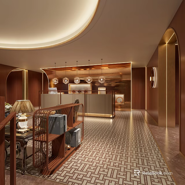 Hotel Lobby Modern Interior Design With Wooden Decor Hanging Lights Reception Desk And Geometric Floor 3d model 