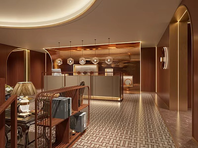 Hotel Lobby Modern Interior Design With Wooden Decor Hanging Lights Reception Desk And Geometric Floor 3d model