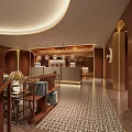 Hotel Lobby Modern Interior Design With Wooden Decor Hanging Lights Reception Desk And Geometric Floor