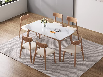 Modern Rectangular Dining Table Set with Marble Top and Six Wooden Chairs on Gray Rug 3d model