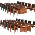 Wooden Conference Table With Black Leather Chairs And Microphone Setup