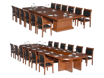 Wooden Conference Table With Black Leather Chairs And Microphone Setup 3d model