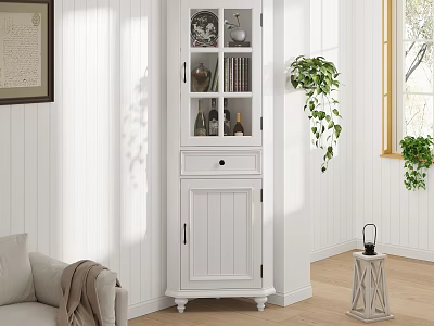 Bright White Corner Cabinet With Glass Doors And Decorative Items In Living Room 3d model