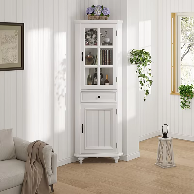 Bright White Corner Cabinet With Glass Doors And Decorative Items In Living Room 3d model