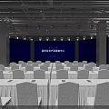 Conference Room Interior With Large Blue Screen Neatly Arranged White Tables And Chairs