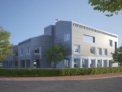 Modern Office Building With Gray Facade Large Windows Green Trees And Shrubs 3d model
