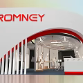 Modern Exhibition Booth Design For ROMNEY With White Red Curved Structure And Reception Desk