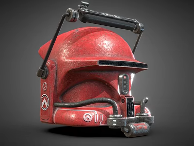 Red Mechanical Helmet With Metallic Brackets Textured Surface And Detailed Components 3d model