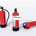 Red Fire Extinguishers in Various Positions with Labels and Black Components for Fire Safety 3d model