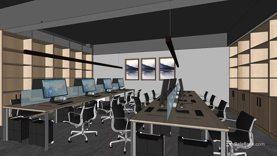 Modern Public Office Interior With Desks Monitors Office Chairs And Wall Paintings 3d model 
