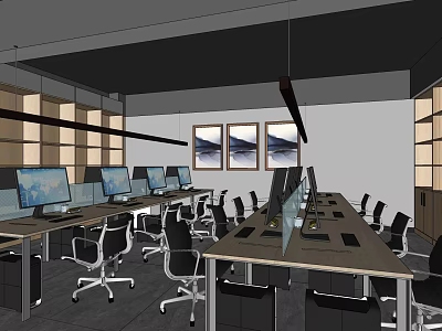 Modern Public Office Interior With Desks Monitors Office Chairs And Wall Paintings 3d model