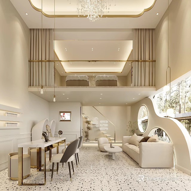 Modern Beauty Hair Salon Interior With Elegant Sofa Gold Accents And Round Window 3d model 