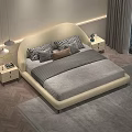 Modern Double Bed with Beige Upholstered Headboard Patterned Pillows Nightstands Table Lamps and Gray Rug