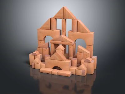 Wooden Building Blocks Constructed Castle With Various Shapes And Archway Design 3d model