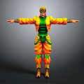 Game Movie Character In Yellow Green Outfit With Open Arms Pose And Crown Headpiece