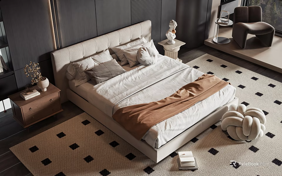 Modern Double Bed Bedroom Interior With Upholstered Headboard White Linens Brown Throw And Geometric Carpet 3d model 