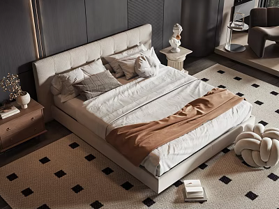Modern Double Bed Bedroom Interior With Upholstered Headboard White Linens Brown Throw And Geometric Carpet 3d model
