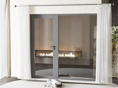 Modern Interior Featuring Glass Panel Casement Door With White Curtains And Fireplace 3d model