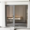 Modern Interior Featuring Glass Panel Casement Door With White Curtains And Fireplace