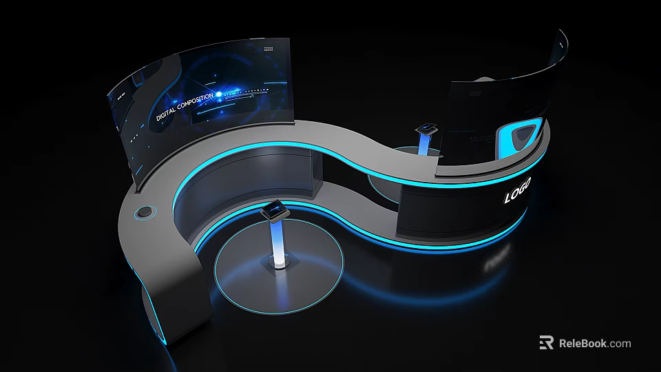 Modern Tech Display Stand With Curved Structure Blue Lighting And Transparent Screen By Lexon 3d model 
