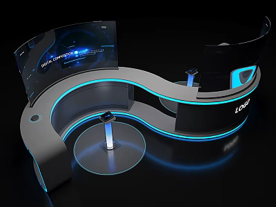 Modern Tech Display Stand With Curved Structure Blue Lighting And Transparent Screen By Lexon 3d model