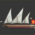 Ancient Wooden Ship With White Sails Red Flag And Detailed Hull Structure