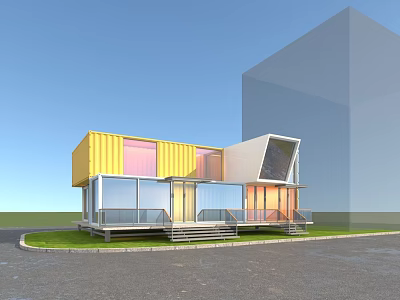 Modern Container Building With Yellow Pink Containers Large Glass Windows Terrace And Lawn Surroundings 3d model