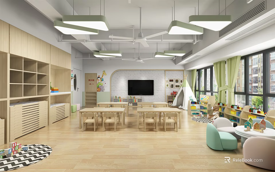 Spacious Kindergarten Interior With Wooden Tables Chairs Bookshelves Toys Windows And Green Pendant Lights 3d model 