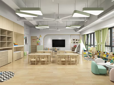 Spacious Kindergarten Interior With Wooden Tables Chairs Bookshelves Toys Windows And Green Pendant Lights 3d model