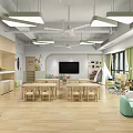Spacious Kindergarten Interior With Wooden Tables Chairs Bookshelves Toys Windows And Green Pendant Lights
